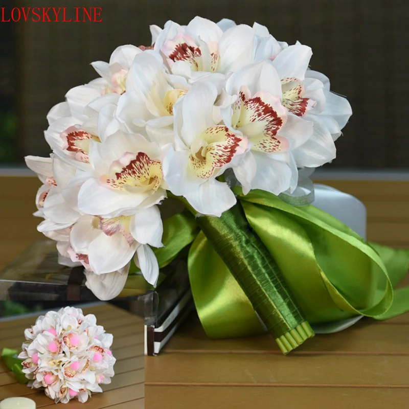 Romantic Wedding Bouquet With Ribbon Artificial Magnolia White