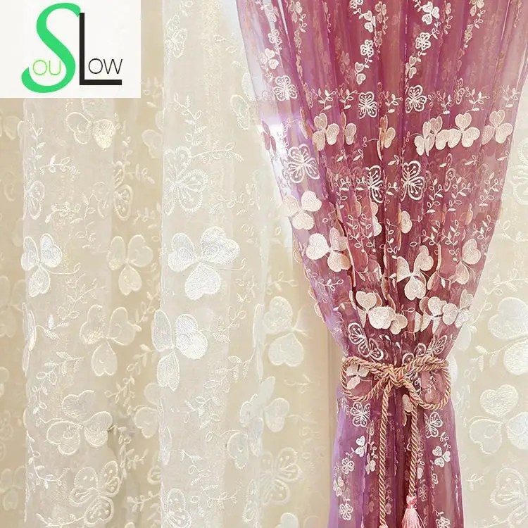 

[Slow Soul]New White Purple Embroidered Curtain Cloth Embossed Screen Floral Curtains And Tulle Cortinas Living Room Luxury