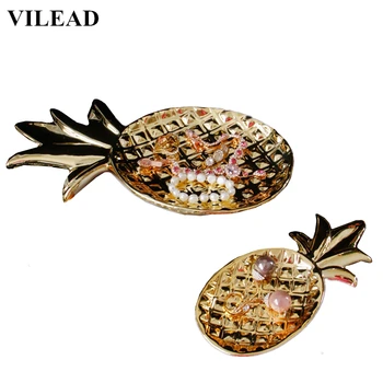 

VILEAD 12'' 7.8'' Ceramic Pineapple Plate Figurines Gold Plating Pineapple Jewelry Tray Decoration Modern Fruit Dish Home Decor