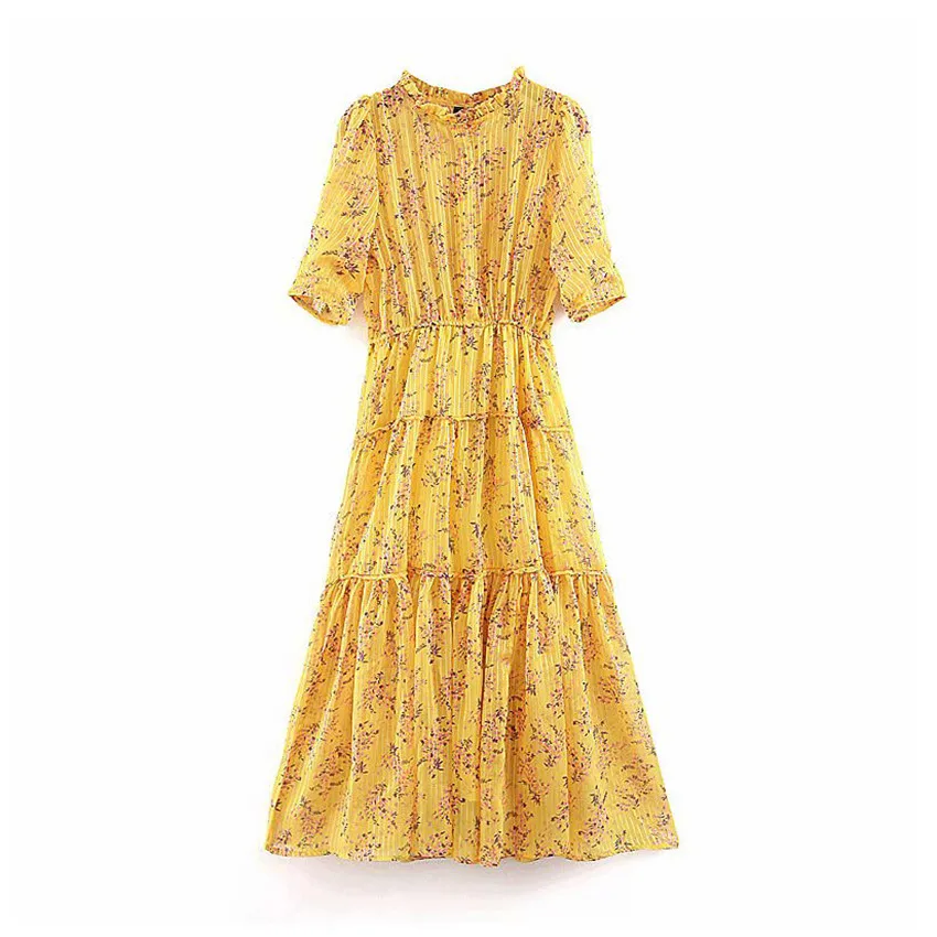 

Women yellow printed chiffon pleated patchwork midi dress short sleeve female stylish 2019 summer party dresses