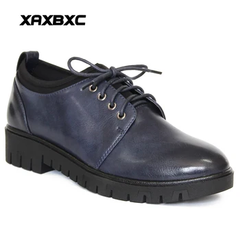 

XAXBXC 2019 Spring Autumn Leather Oxfords Platform Low Heels Women Pumps Lace Up Round Toe Handmade Casual Ladies Mujer Shoes