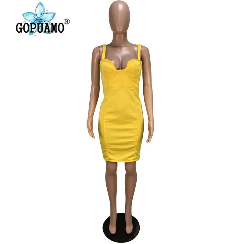 Спагетти ремень Сексуальная Bodycon Платье Для женщин желтый без бретелек спинки