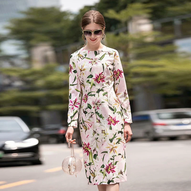 

HIGH QUALITY Newest 2019 Runway Dress Women's Lily Floral Print Long Sleeve Dress