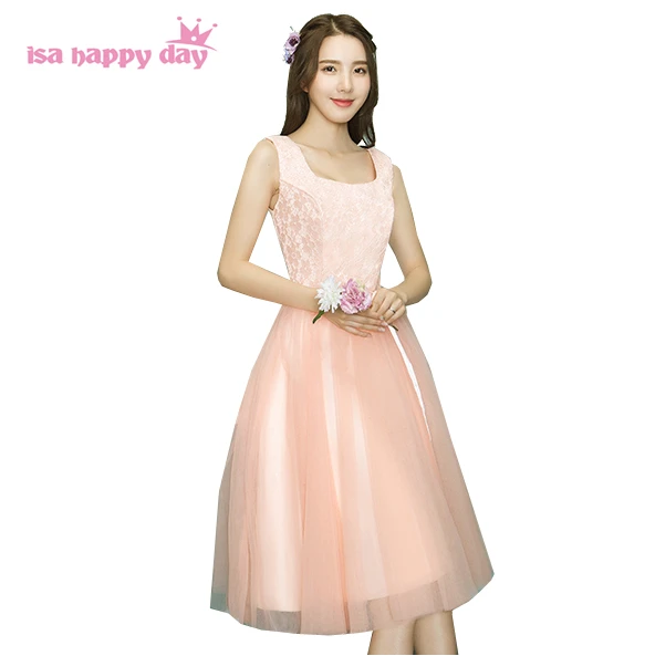 2245 5 De Réductioncouleur Pêche Mariée Femme De Chambre Sexy Taille Hiver Filles De Mariée élégant Thé Longueur Robes De Soirée Robe De Bal Pour