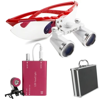 

Red Dental Surgical Medical Binocular Loupes 3.5X 420mm Optical Glass Loupe Head Light Clip+Aluminum Box