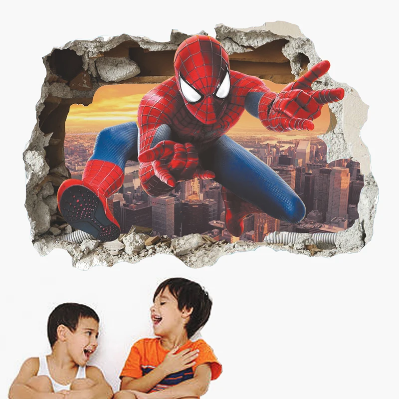 Marvel Spiderman Wall Stickers For Nursery Kids Room Decoration Accessories Cartoon PVC Broken Wall Art Decals Poster
