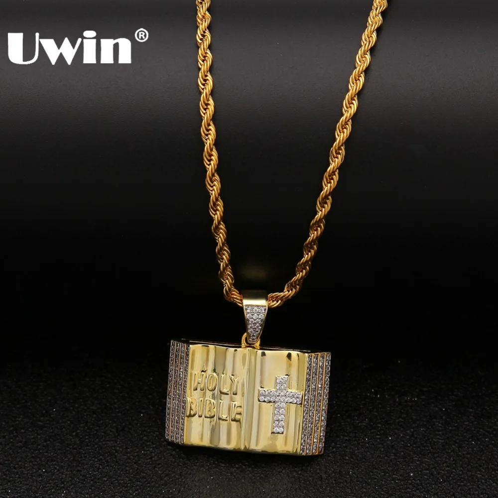 

Uwin Mens Hiphop Cross Bible Necklace Bling Bling Chains Pendants Cubic Zirconia Pendant Holy Bible Christian Cross Jewelry