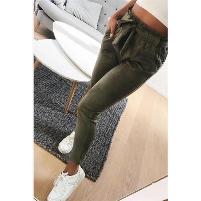 Summer Women Pants Suede High Waist Tie Pockets Lady Girl Casual Trousers FS99