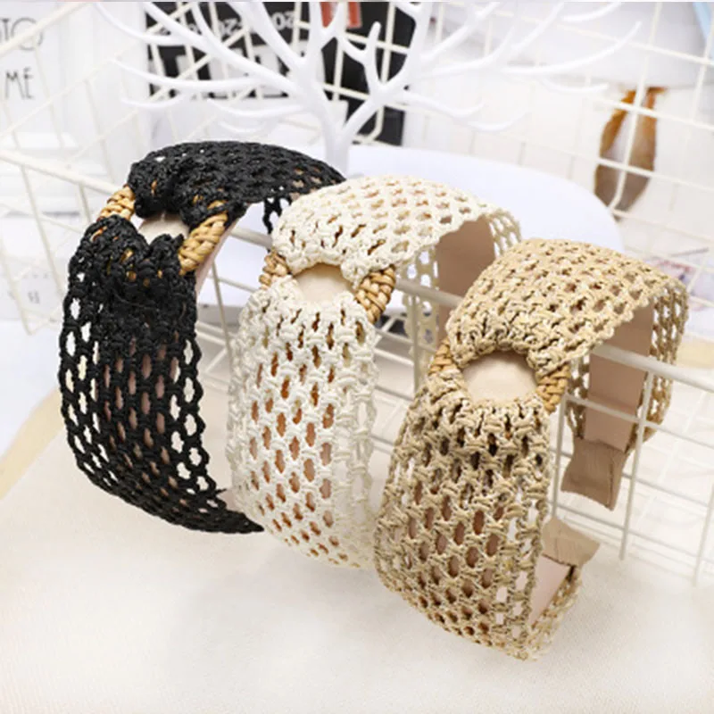

Korea Vintage Summer Trendy Handmade Weave Hollow Straw Rattan Wide Hair Bands For Women Hair Accessories Fashion Hair Bands