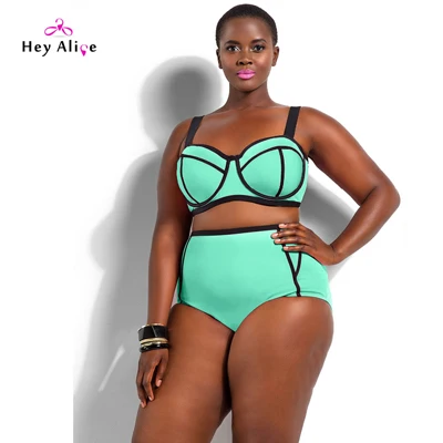 Heyelice купальный костюм с высокой талией размера плюс купальник бикини пуш-ап сексуальные купальники размера плюс купальники с высокой талией XL-4XL бикини - Цвет: Зеленый
