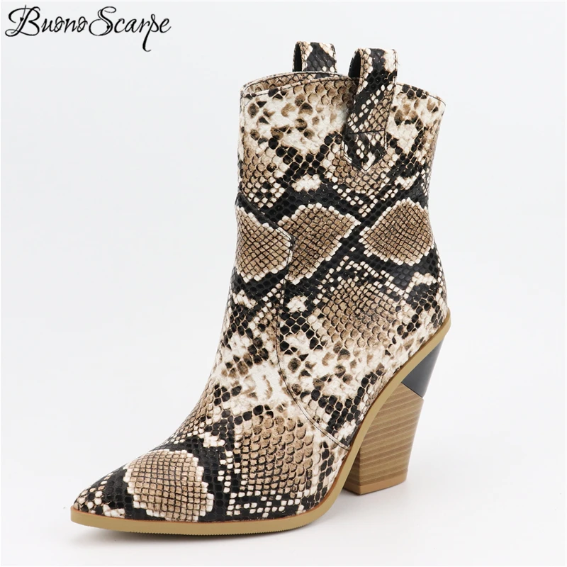 

Buono Scarpe Brand Design Snake Printed Ankle Boots Animal Print Women Boots Pointed Toe Strange High Heel Botas Mujer 2019 New