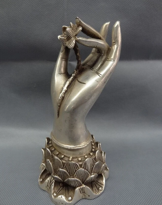 

S2538 Chinese Silver Buddhism Lotus Kwan-Yin GuanYin Buddha Fo Hand Statue Holder D0318