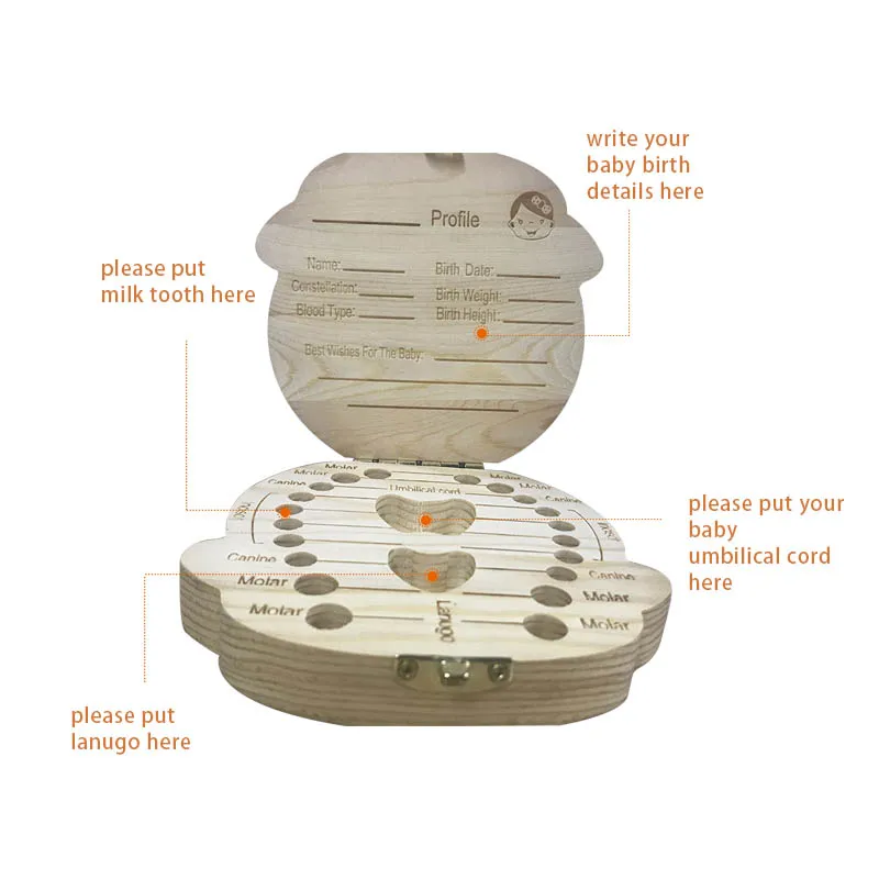 Испанская/английская/Русская/французская деревянная коробка для зубов, для хранения молочных зубов, для сбора зубов, пуповины Lanugo