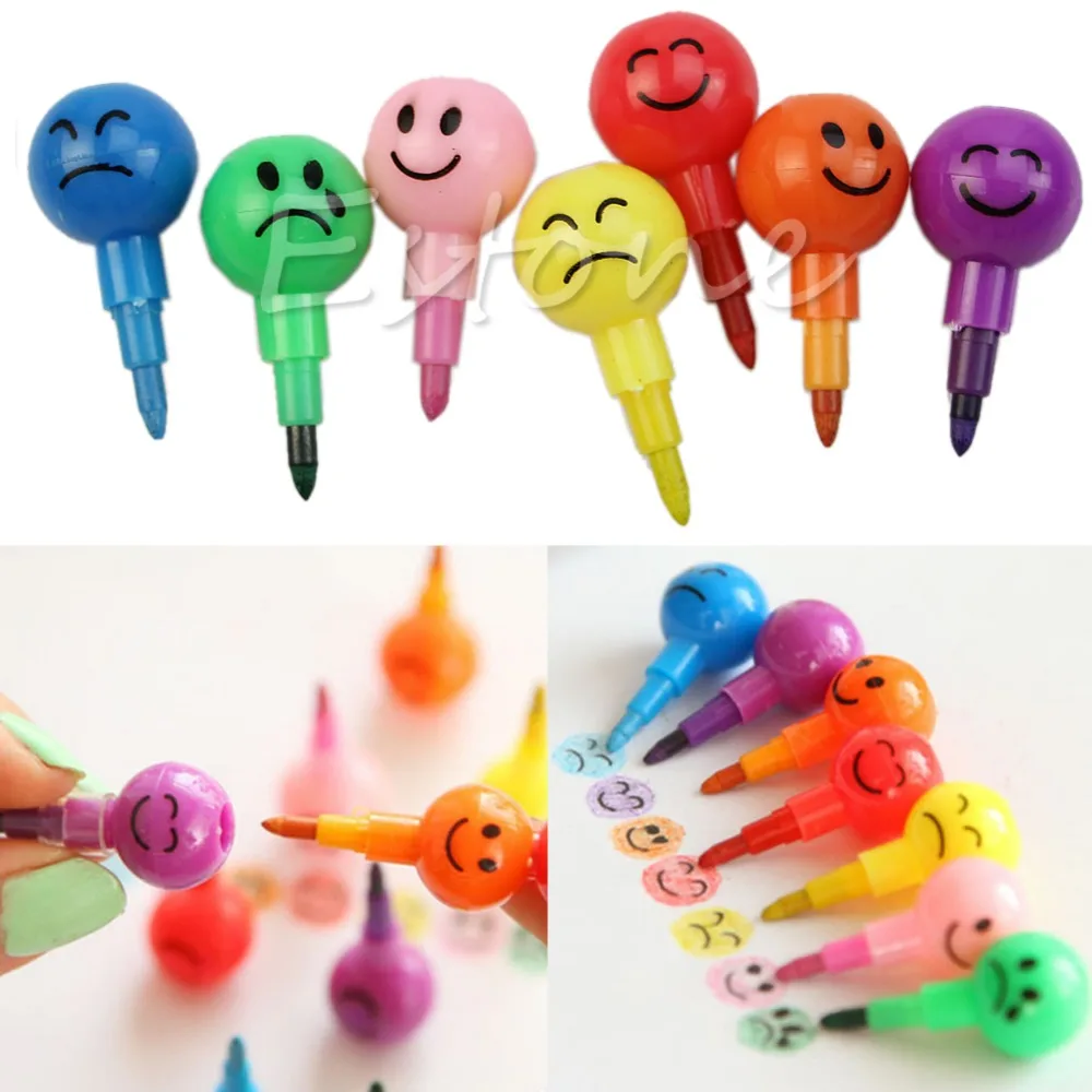 New 7 Colors Cute Stacker Swap Smile Face Crayons Children Drawing Gift