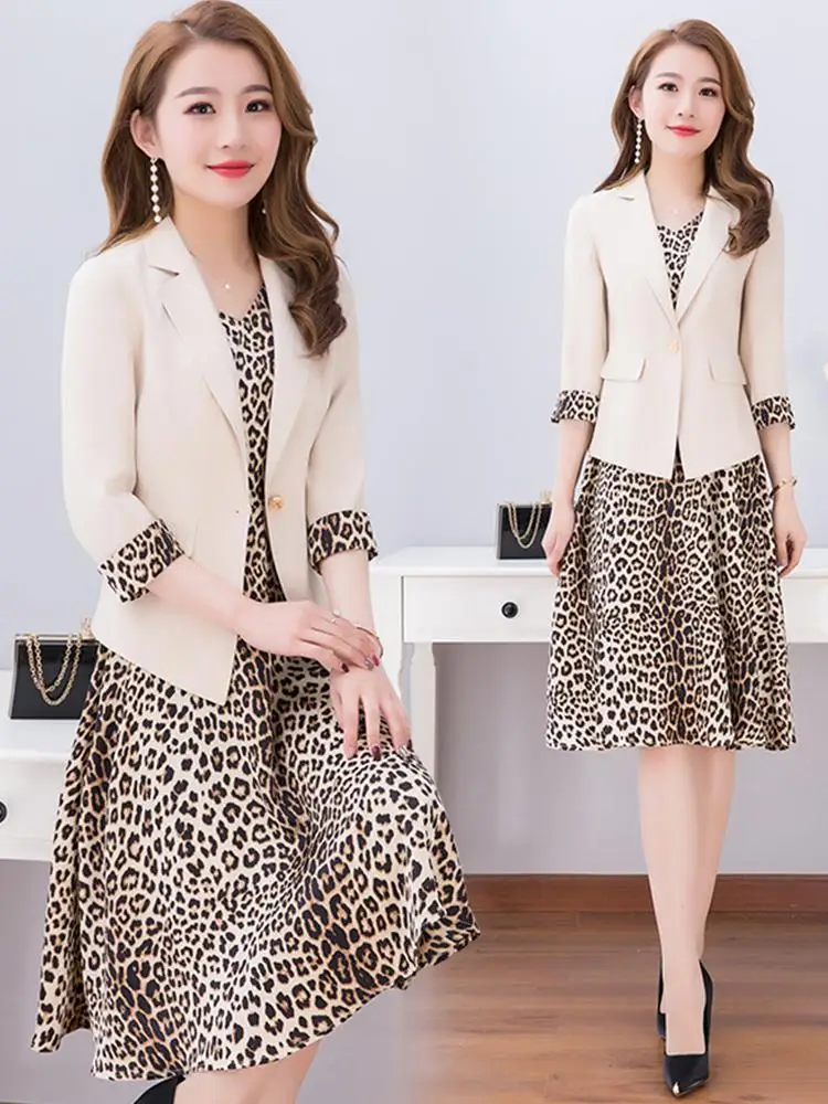 Весенний леопардовый комплект из 2 предметов женское платье vestido de festa Украина ансамбль Женский Две предмета Conjunto Feminino женский костюм - Цвет: Бежевый