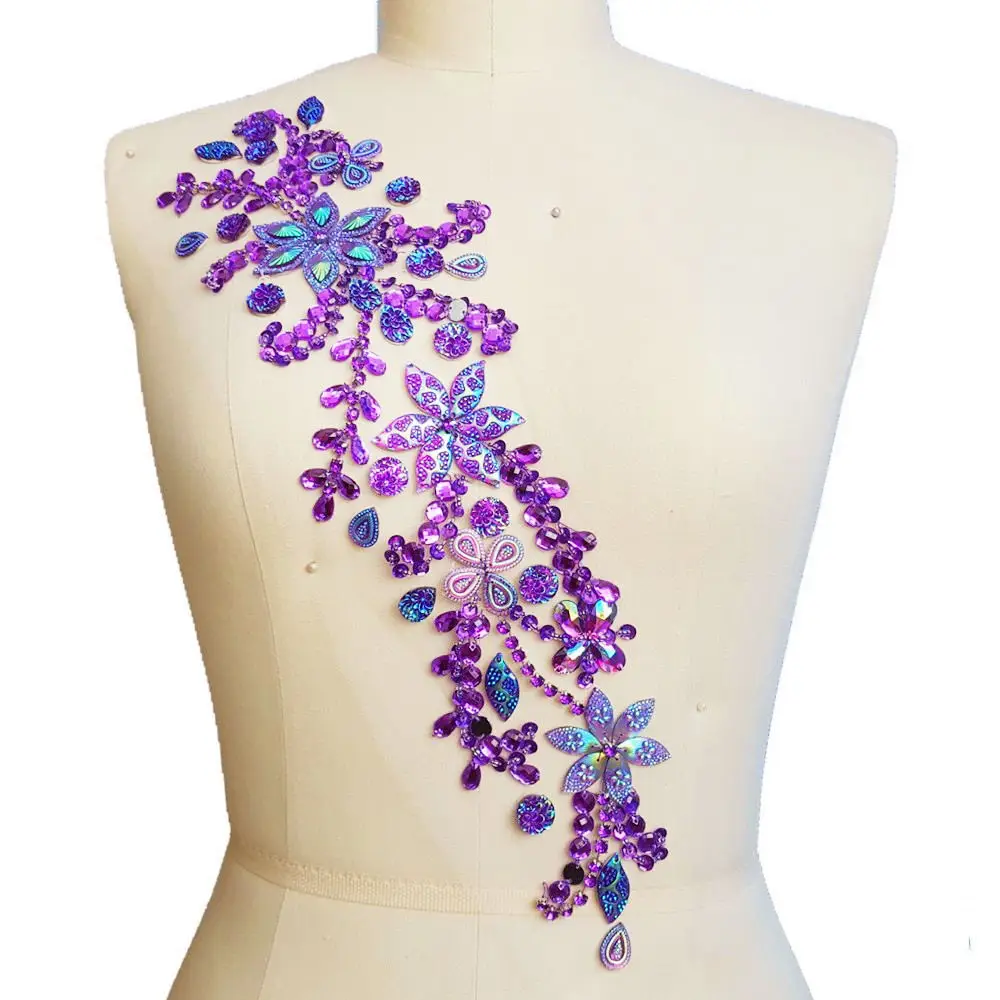 

bi.Dw.M Creative Design Fine Purple Rhinestone Appliques Patch Beaded Bridal Patches Sew On For Perform Stage Decoration 10x42cm