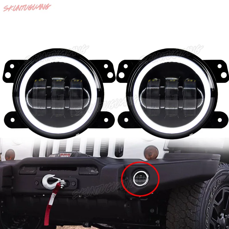 2PCS 4 Inch Round LED Fog Lights 30W White Halo Ring DRL Off Road Auxiliary Fog Lamps For Jeep