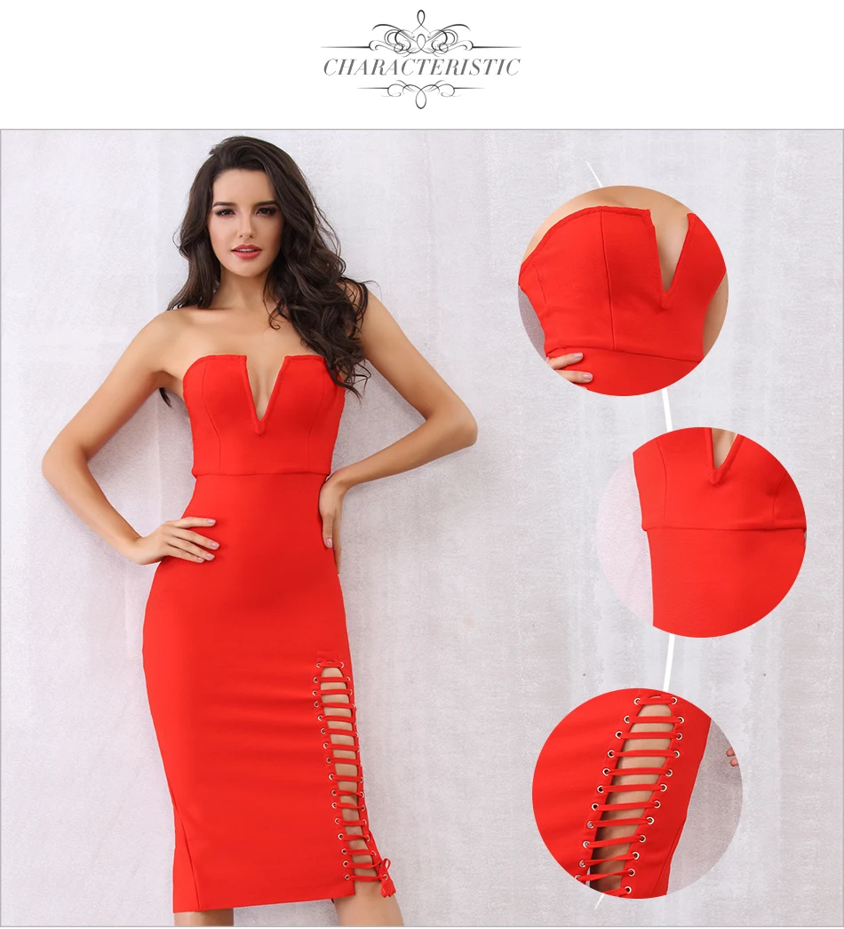 Black Red Strapless Side Lace Up Bodycon Bandage Dress