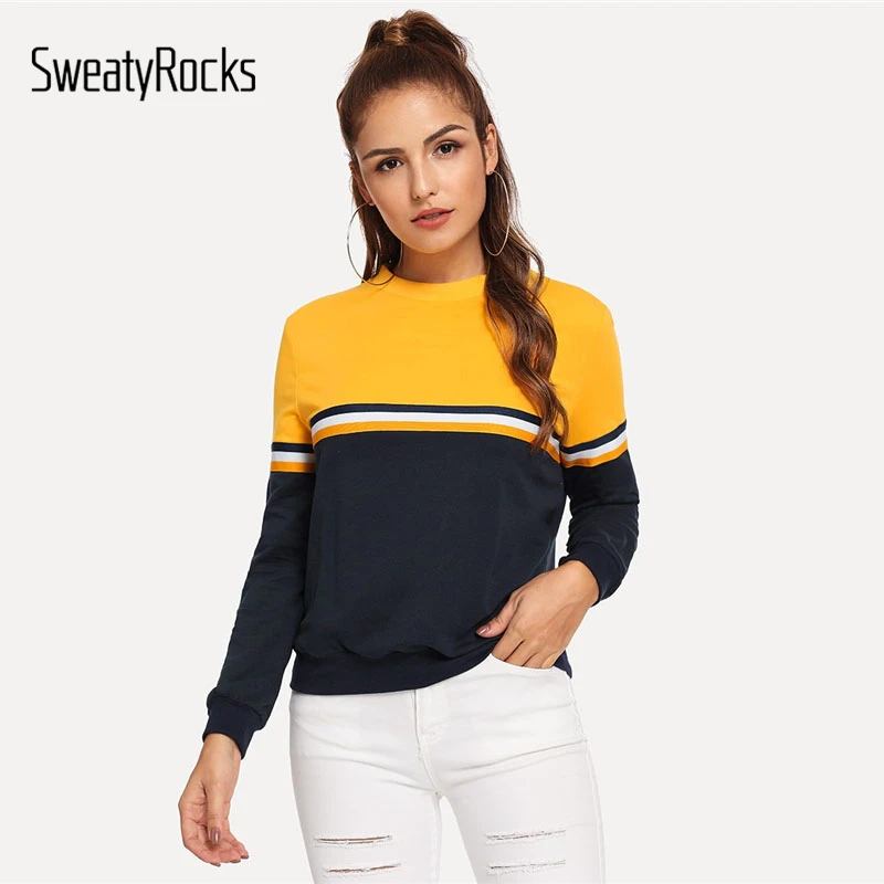 SweatyRocks полосатая тканая лента деталь Двухцветная Толстовка Женская Повседневная Лоскутная с круглым вырезом с длинным рукавом 2018 осенние