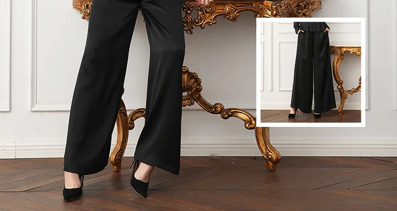 VOA плюс Размеры свободные тяжелый шелк Pantskirt Офисные женские туфли основной черный широкие штаны Для женщин середины талии Повседневное