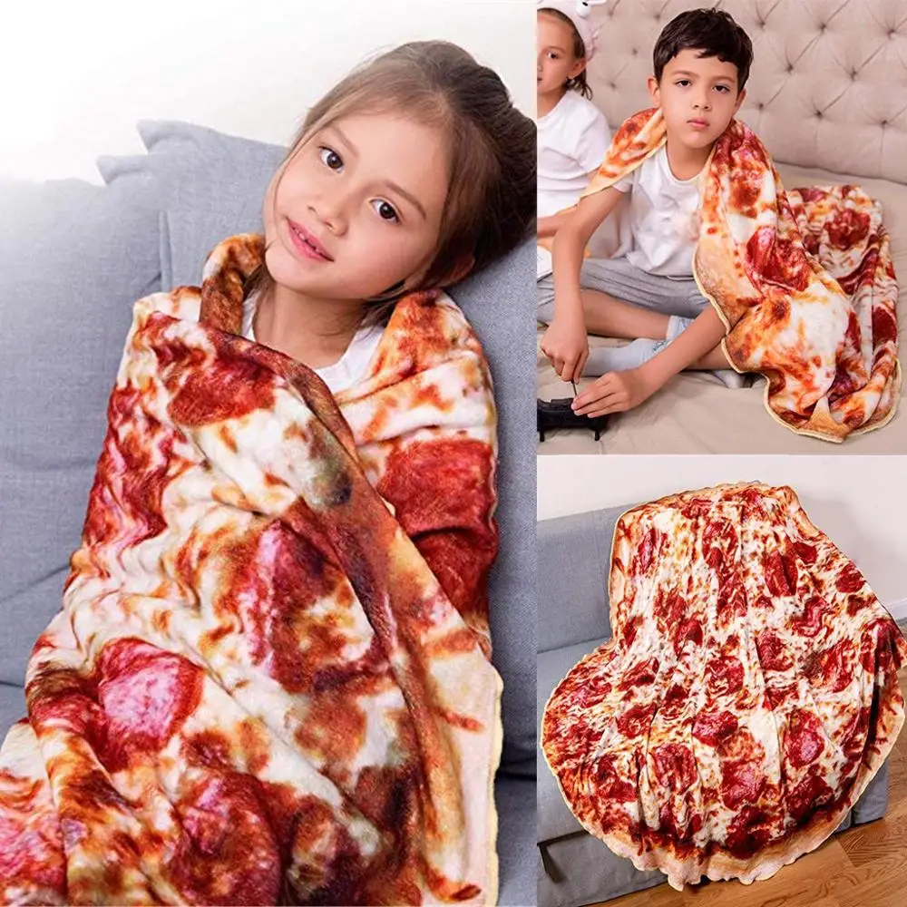 

2019 new plus velvet soft 3D printing pizza pancake-like flannel round blanket edge stitching technology #4JY01