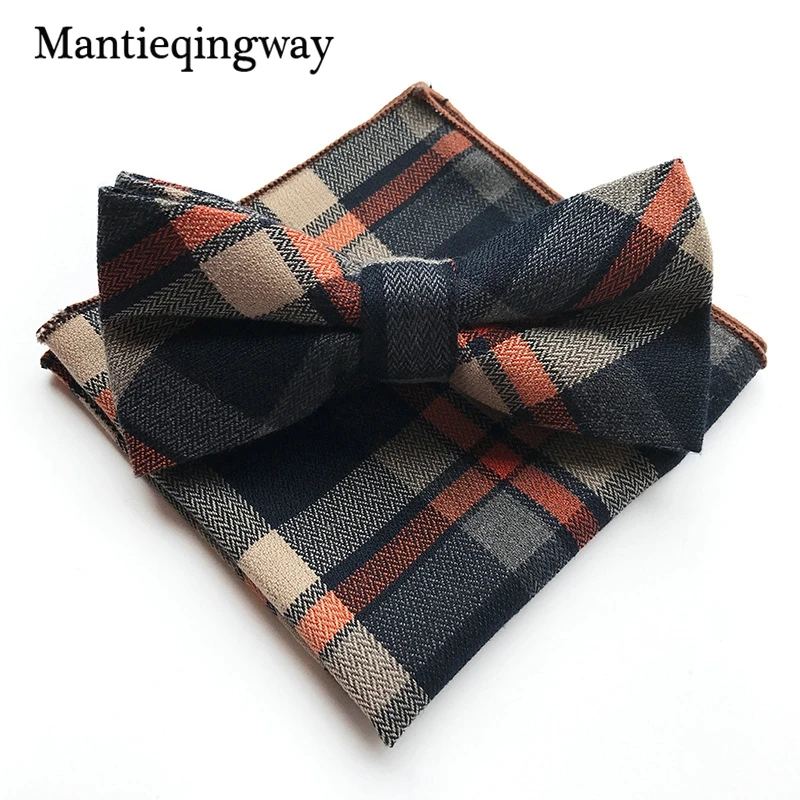 Mantieqingway 2017 плед хлопок 6 см свадебные Боути 25*25 см Pocket Square Set для Для мужчин Бизнес Gravatas Для мужчин костюм с галстуком платок