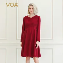 VOA Ретро красное миди шелковое платье женское с длинным рукавом Высокая талия офисные женские платья невесты роскошный подарок высокое качество осень A10079
