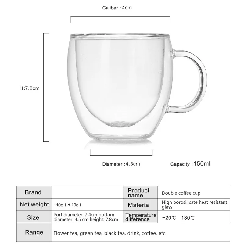 Стеклянная чашка с двойными стенками для кофе и чая, двухслойные термостойкие кружки с ручкой, кофейная чашка для молока, сока, посуда для напитков для дома и офиса x