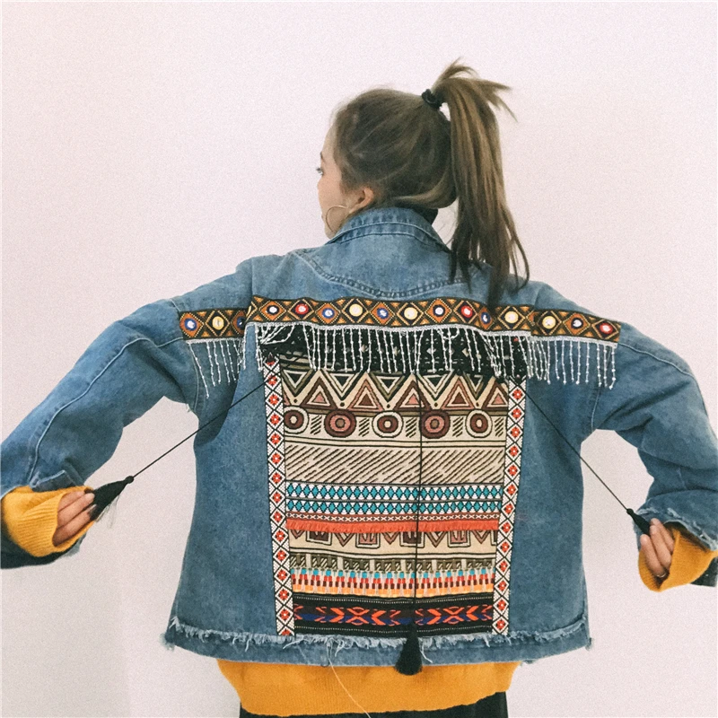 National Trend Vintage Embroidery tassel denim jacket coat 2018 women