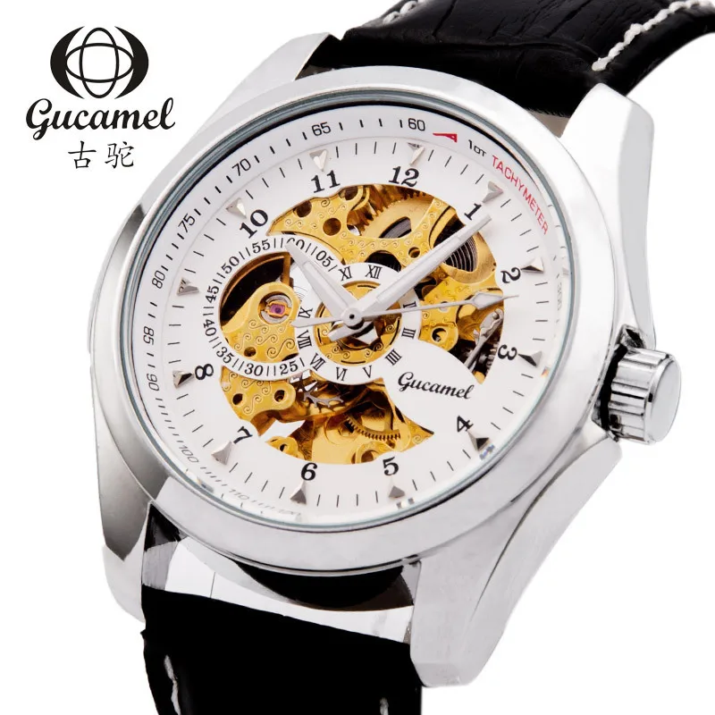 

2017 Luxury brand Automatic Mechanical Skeleton Dial Stainless Steel Band Wrist Watch Men Women Best Christmas Gift GUCAMEL