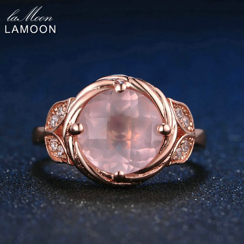 LAMOON 925 Sterling Silver Jewelry Wedding Bands Rings Flower 9mm Natural Round Pink Mosaic Rose Quartz Romantic Ring Anillos