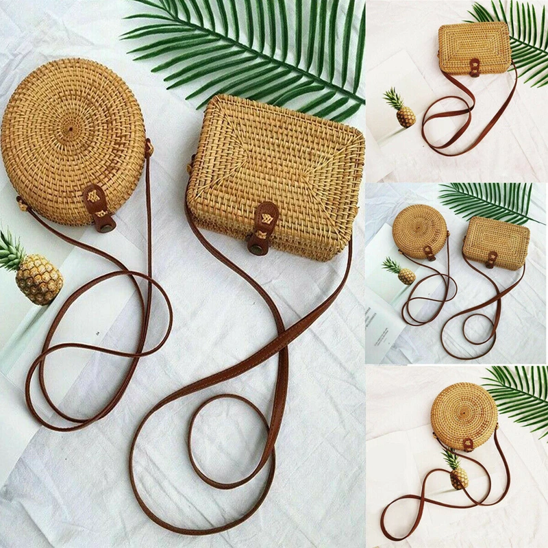 

Women Fashion Summer Hand-Woven Rattan Bag Straw Wicker Round Crossbody Beach Bag Handmade New