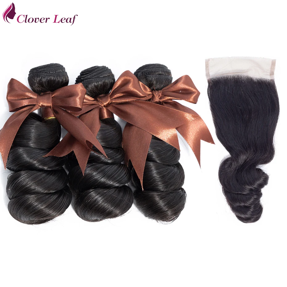 

Clover Leaf Peruvian Loose Wave Hair With Lace Closure Non Remy Hair Weave 3 Bundles With 4*4 Lace Closure Human Hair Extensions