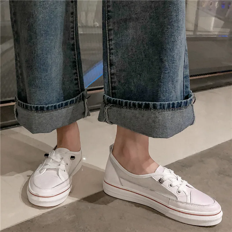 

YMECHIC Summer Autumn 2019 Mesh Cross Tie Lace Up Genuine Leather Flat Platform Shoes Woman White Women Flats Platforms Creepers