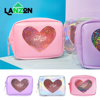 

Lanzon Laser Diamond Heart Sequins Cosmetic Bag Women Girls Make Up Clutch Translucent Makeups Organizer Toiletry Wash Bag