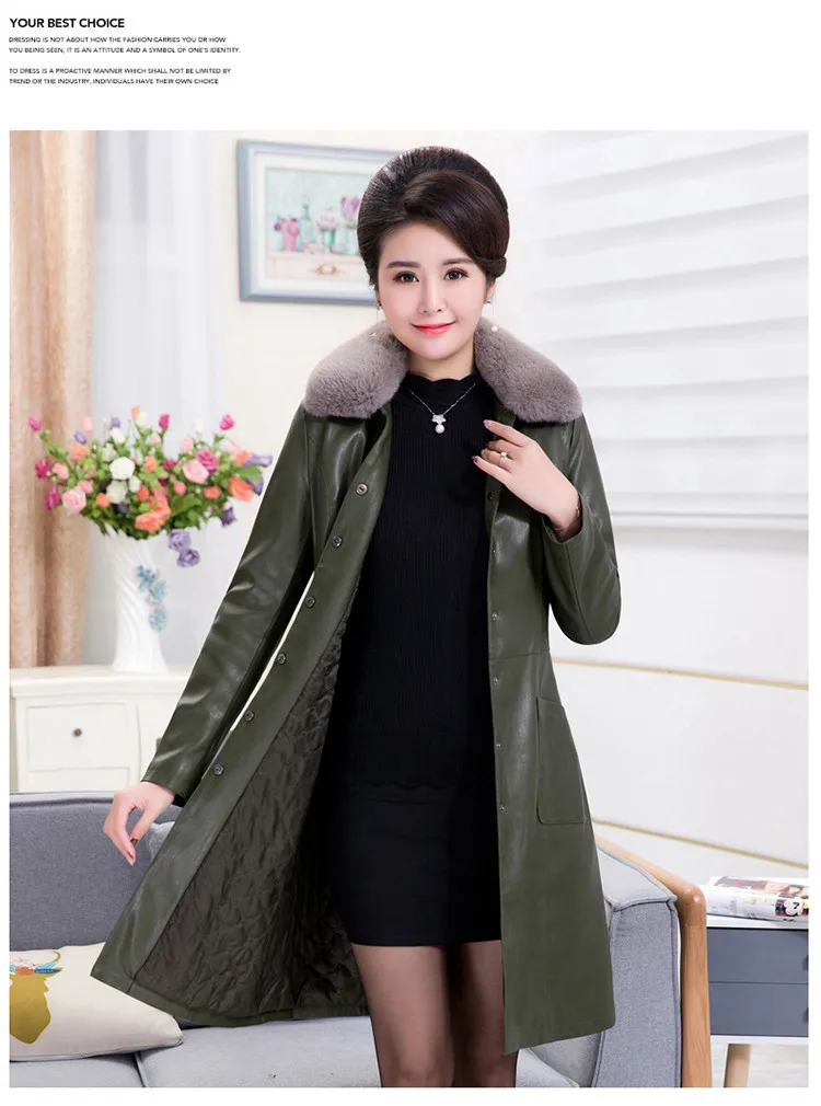 Middle Aged Women Winter Long Jacket Leather Coat Plus Size 6XL Fur Collar Jackets Elegant Women Padded Coat Button CH742 (3)