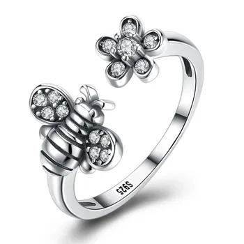 

Authentic 100% 925 Sterling Silver Insect Bee Open Rings For Women Fashion Sterling Silver Jewelry Anneaux Vintage Style Jewel