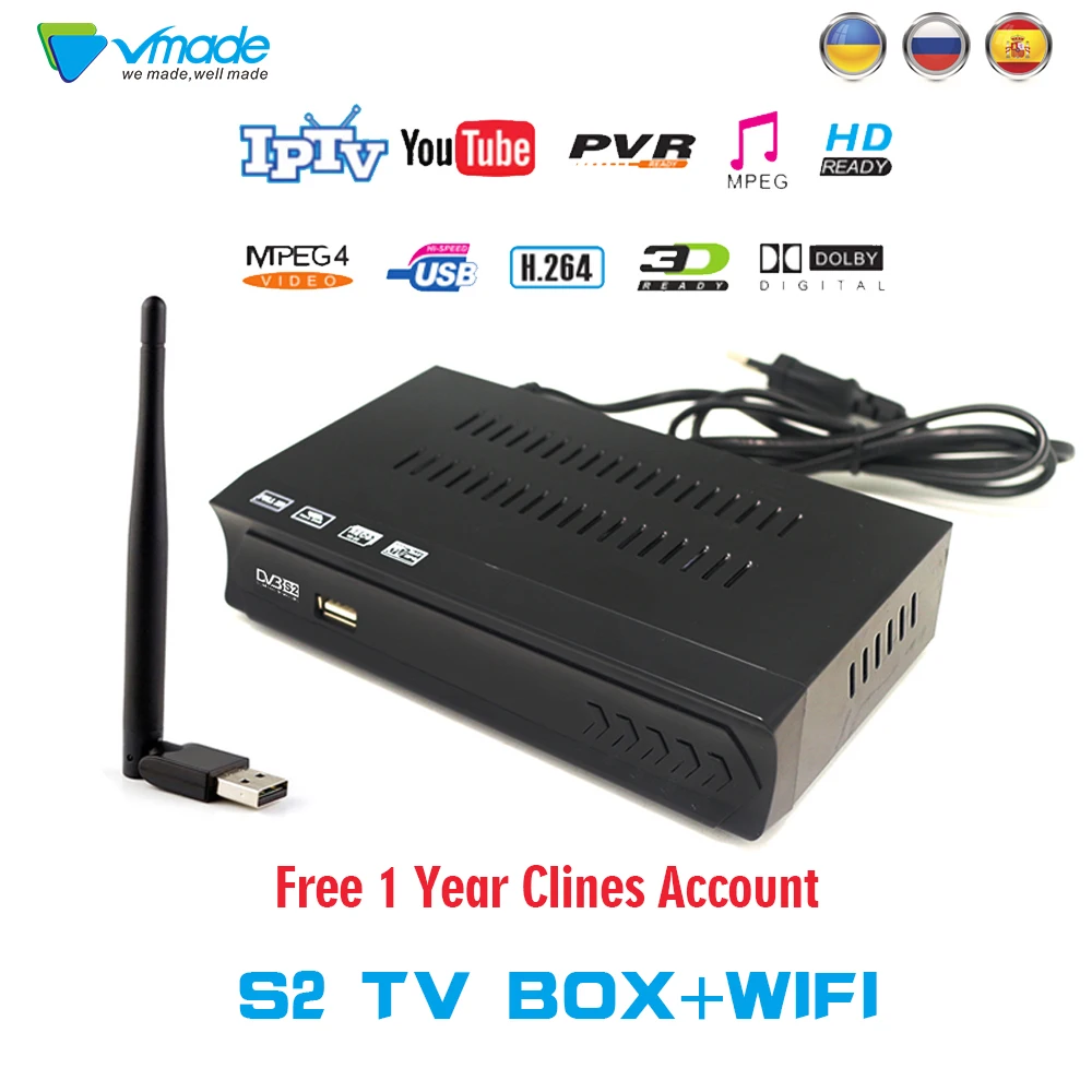 Vmade 1 Year Europe C-line Server HD DVB-S2 M5 lnb Satellite Receiver Full 1080P Spain Portugal Arabic TV box With USB Wifi Rece