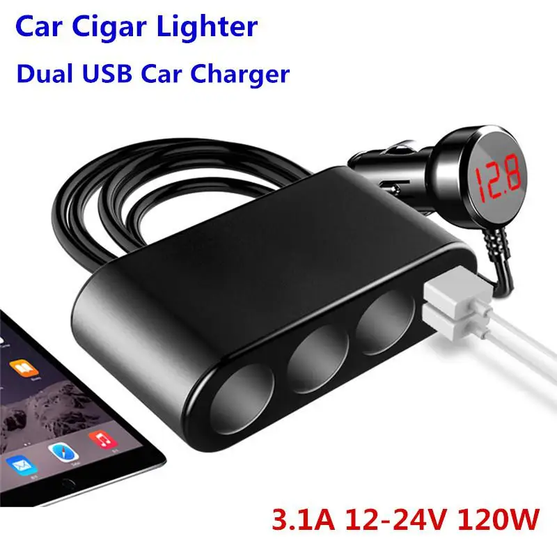 

Kuulee 12V 24V 3.1A 120W 3in1 Car Cigarette Lighter Socket Splitter Dual USB Charger Metal Charger Power Adapter