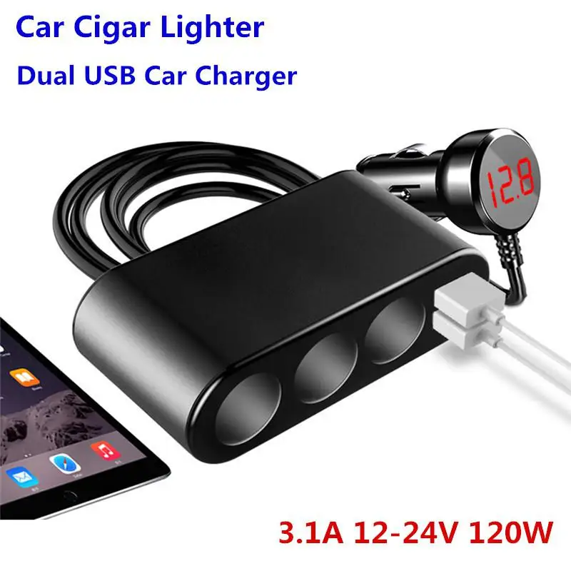 

Universal 12V 24V 3.1A 120W 3in1 Car Cigarette Lighter Socket Splitter Dual USB Charger Metal Charger Power Adapter
