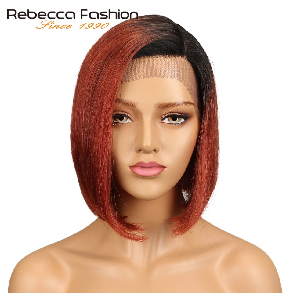 Rebecca Ombre короткий Боб Синтетические волосы на кружеве человеческих волос парики для черный Для женщин шелковистая прямая 1B/кирпич красного