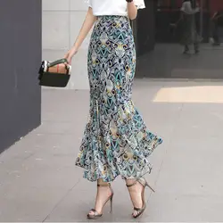 Горячая распродажа новейшая Женская юбка 2018 уникальная винтажная печать Шифоновая Макси-юбка с высокой талией в стиле бохо с разрезом