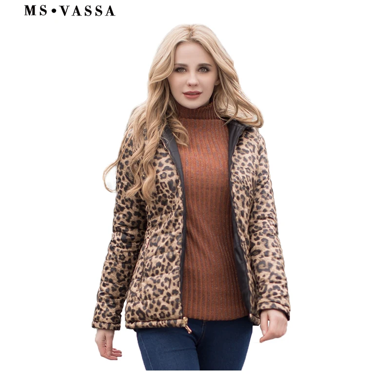 

MS VASSA Women Parkas 2019 New Spring Winter reversible jackets leo print plus size 5XL 6XL stand up collar Ladies outerwear