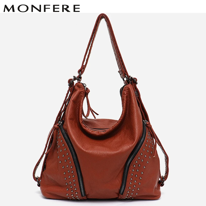 

MONFERE Large Fashion Rivet Women Bag Functional Girl School Knapsack PU Leather Bag Ladies Multi Pockets Messenger&Shoulder Bag
