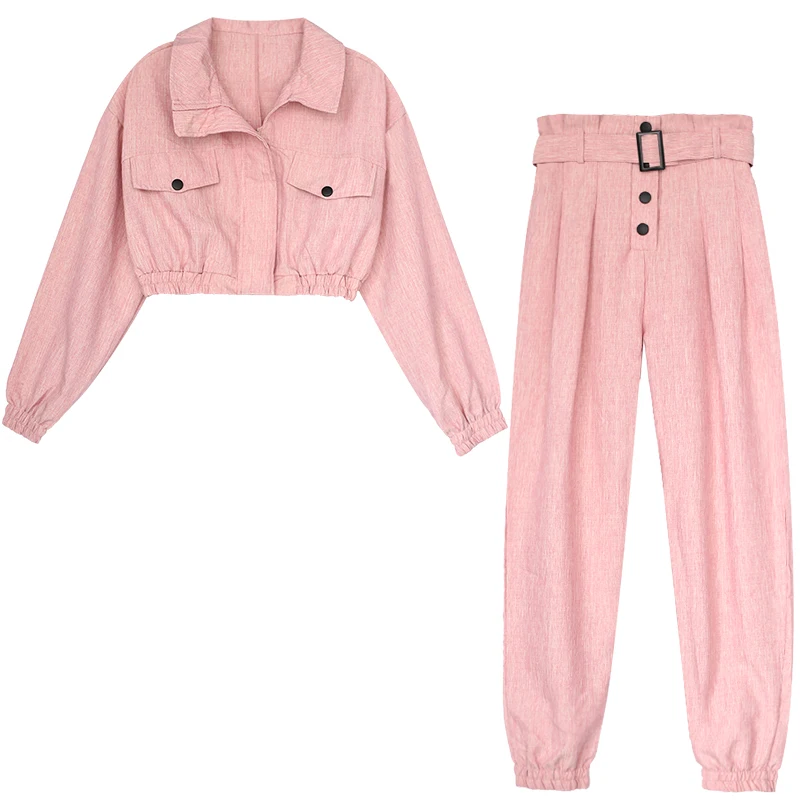 

PERHAPS U women handsome moto turn-down collar Cotton linen zipper long sleeve pink full length harem pants set autumn T0059