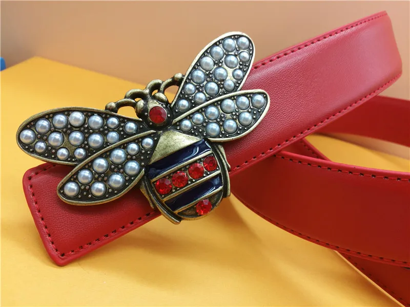 

High quality new smooth buckle women's belt Luxury bee set with pearl buckle belt girl fashion casual leather brand belt