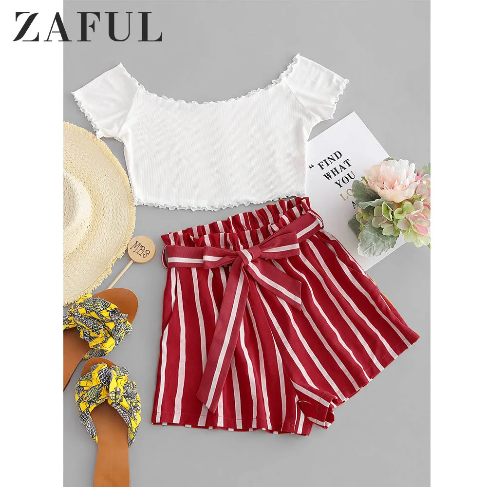 Женский комплект из 2 предметов ZAFUL топа с открытыми плечами и шорт в полоску