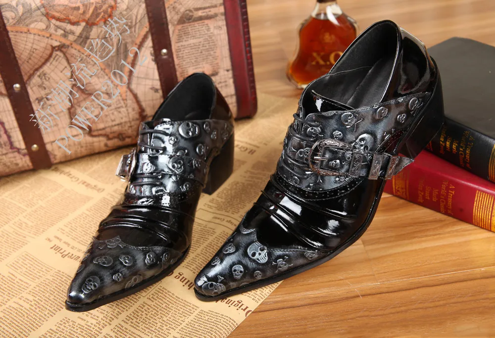 Black Men Genuine Leather Shoes Vintage Skull Mens Wedding Shoes
