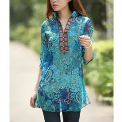 Женская одежда с коротким рукавом Свободный Плюс Размер Женская шифоновая рубашка блузка с v-образным вырезом с принтом топы