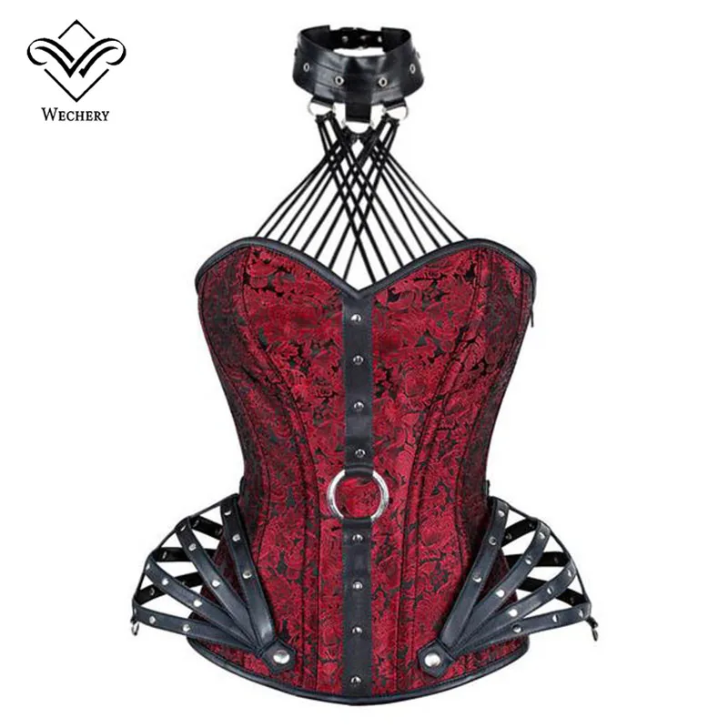 Wechery Steampunk Corset Gothic Clothing Sexy Faux leather Halter Steel Boned Zip Corsets And Bustiers Modeling Strap Newest